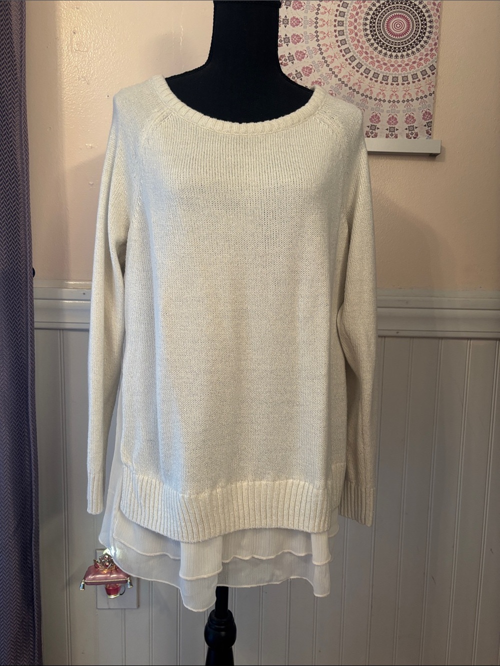 LC Lauren Conrad Cream Layered-Hem Crewneck Sweater